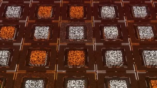 Reihen quadratischer QR-Codes mit beweglichen elektrischen Impulsen auf orangefarbenem Hintergrund. Animation. Konzept der Kommunikations- und Informationstechnologien. — Stockvideo