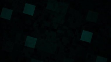 Karanlık bir zemin üzerinde rastgele yanıp sönen büyük piksellerin soyut alanı, kusursuz döngü. Hareket. Loş ışıklı kareler görünür ve kaybolur..