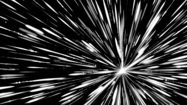 Siyah uzayda, beyaz yıldız alanında, kusursuz bir döngüde seyahat ediyor. Animasyon. Beyaz ışık demetleri yayılmış tek renkli desen.