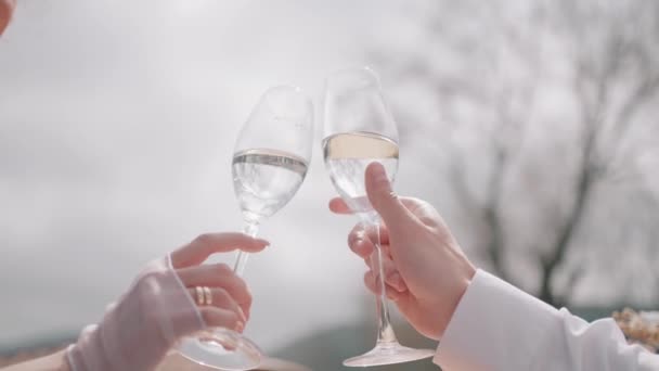 Крупним планом вигляд нареченого і нареченої рук смердить келихами з вином під час їх весілля. Дія. Концепція святкування та створення сім'ї . — стокове відео