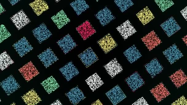 Codici QR campo in movimento su sfondo nero, scienza e tecnologia concetto. Animazione. Piccoli quadrati multicolori con codice di risposta rapida su sfondo nero, loop senza soluzione di continuità. — Video Stock