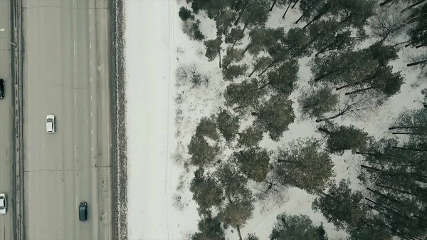 Vista aérea superior de uma estrada em tempo de inverno com transporte de condução. Vídeo. Floresta de pinheiros e chão coberto de neve perto dos carros na estrada. — Fotografia de Stock