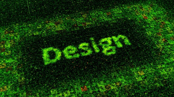 Technological background with a pixelated circuit board and spreading impulses. Animation. Particles forming a word design, concept of web site developing.