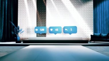 Görüntü, beğeni ve hisse sayısı, sosyal medya konsepti ve çevrimiçi bilgi emilimi artıyor. Hareket. Sahne ışıkları altında mavi sosyal ağ simgeleri.