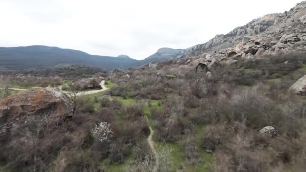 Boulders expanse at the foots of mountain range. Shot. Aerial view of a wild valley covered by stones, greenery and crossed by narrow paths on cloudy sky background. — Stock Video