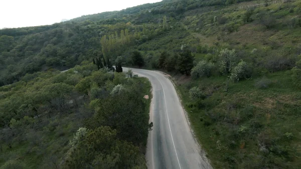 Veduta aerea della parte posteriore del trasporto in movimento su una stretta autostrada piegatura. Gli hanno sparato. Bella giornata estiva in campagna con verde valle. — Foto Stock