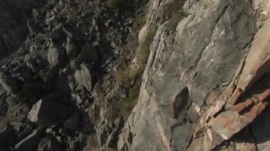 Hızlı uçuş dalışı, parlak güneşin altındaki kayalık yamaçlara yakın. Vuruldu. Yeşillikli doğal uçurumların havadan görünüşü.