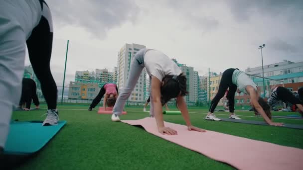 Reino Unido - Londres 05.12.21: Mujeres jóvenes en ropa deportiva haciendo ejercicios de fitness en el campo de deportes rodeadas de casas residenciales. Vídeo. Hacer yoga al aire libre en un césped verde por la mañana. — Vídeo de stock