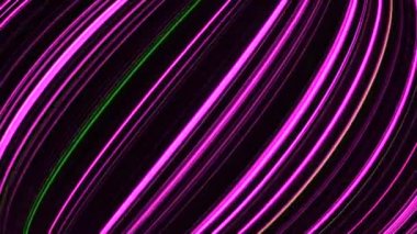 Güzel kıvrımlar siyah arka planda parlıyor. Animasyon. Renkli çizgiler bükülerek hareket eder ve uzayda hacim yaratır. Neon çizgileri akış içinde hareket eder ve hacim eğrisi yaratır
