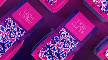 Kahve paketleri eflatun renginde. Hareket. Birçok dikdörtgen şekilli soyut kahve paketleri, lezzetli sıcak içecek..