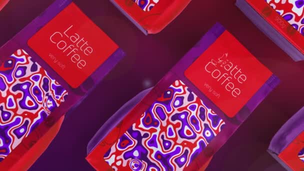 Bolsas coloridas de papel de aluminio para granos de café. Moción. Visualización abstracta del diseño de paquetes de café en colores púrpura. — Vídeos de Stock