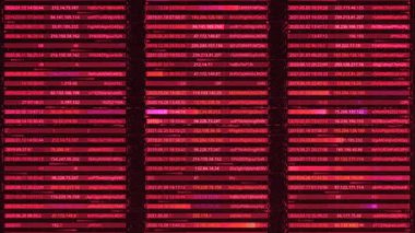 Veri ve şifrelerin listesi. Animasyon. IP adresleri ve şifreleri olan bir veritabanı. Ağ kullanıcılarının kişisel bilgilerine, adreslerine ve parolalarına erişim. Gizli bilgilerin hacklenmesi