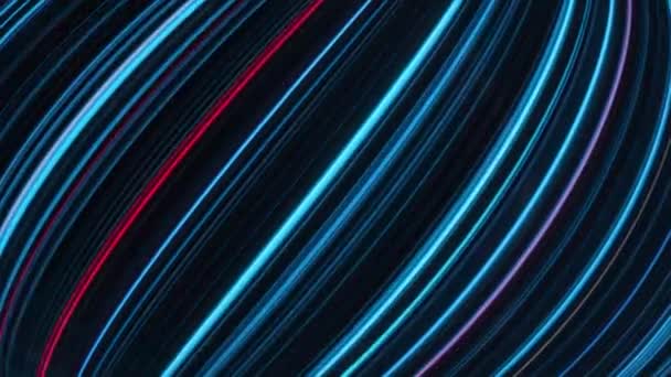 Bright curved lines move horizontally. Animation. Neon diagonal lines move horizontally on black background. Colored lines move bending creating volume in space — Stock Video