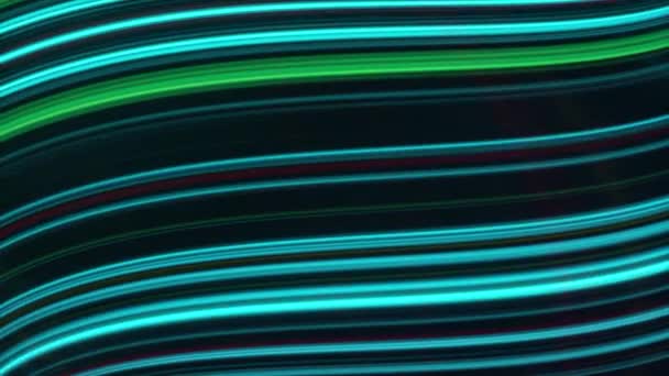 A vibráló fényvonalak fekete alapon mozognak. Animáció. A neonvonalak görbülő patakban mozognak. A fényvezetékek vibrálnak és hajlítanak. — Stock videók