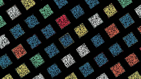 Fondo pixelado con muchos códigos QR que fluyen sobre fondo negro, bucle sin fisuras. Animación. Escaneo de códigos QR para la transmisión de datos. —  Fotos de Stock