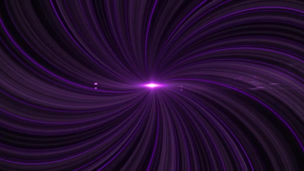 Glowing source of light surrounded by rotating lilac curving beams on black background. Animation. Beautiful spinning shimmering radial rays, seamless loop. — Stock Video