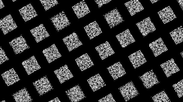 黒の背景、科学技術の概念にモノクロフィールドを移動するQRコード。アニメーション。黒の背景に迅速な応答コードを持つ小さな多色の白い正方形,シームレス — ストック動画