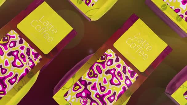 Aluminium foil colorful bags for coffee beans. Motion. Abstract visualization of coffee packages design in yellow colors. — Stock Video