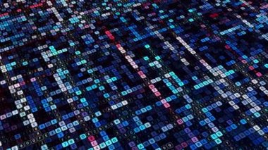 Numaraları değişen alan. Animasyon. Bilgisayar alanı oluşturulmuş sayılar ve titreşimli dalgalar. Değişen renkli sayı ve harf hücreleri ile sahada dalgalanma