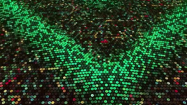 Ondes lumineuses sur le terrain. Animation. Beau champ cybernétique de cellules multicolores avec des ondes 3D. Ondes sur le champ futuriste des cellules lumineuses — Video