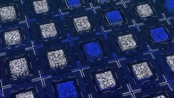 Astratto piccoli quadrati di codice qr su sfondo colorato, loop senza soluzione di continuità. Animazione. Concetto di trasferimento di informazioni digitali nel mondo online. — Video Stock