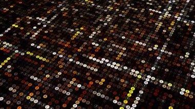 Siyah arka planda yanıp sönen dairelerin içindeki sembolleri rastgele değiştirmek. Animasyon. Sayılar ve harflerle teknolojinin dalgalı dokusu.