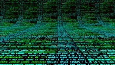 Siyah arkaplanda renkli çizgileri olan gelecekçi bilgisayar kodlu eğri ekran. Animasyon. Kod programında kaydırma, dijital dokuyu bükme.