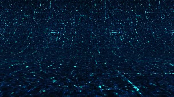 Placa de circuito de fondo azul oscuro con impulsos de funcionamiento, ordenador, microchip nano concepto de tecnología. Animación. Textura doblada con líneas pixeladas rectas en movimiento. — Vídeo de stock