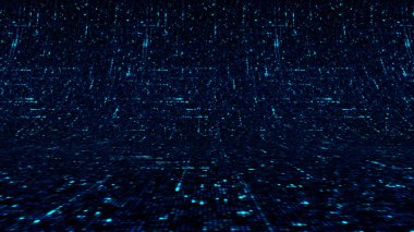 Devre kartı koyu mavi arka plan, çalışan dürtüler, bilgisayar, mikroçip nano teknoloji konsepti. Animasyon. Düz pikselli çizgilerle bükülmüş doku.