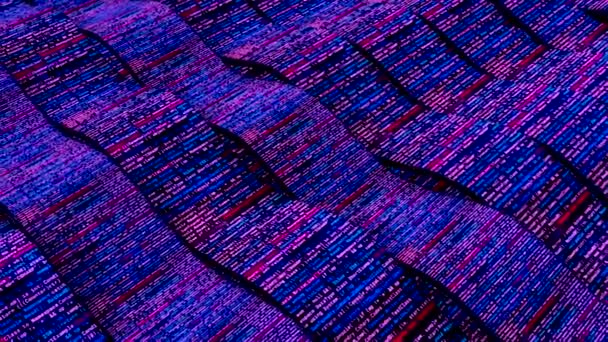 Hermoso fondo de línea ondulada en movimiento en colores púrpura, lazo sin costuras. Animación. Patrón tecnológico con líneas de código informático. — Vídeo de stock