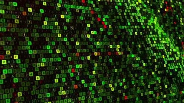 Animação de código de computador abstrato em fundo preto, loop sem costura. Animação. Tela ondulante de pequenos quadrados com dados digitais piscantes. — Vídeo de Stock