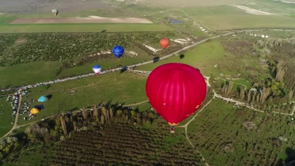 Flygfoto panoramautsikt över varmluftsballonger flygning över sommaren grönt naturlandskap. Skjuten. Utforska naturens skönhet ovanför åkrarna. — Stockvideo