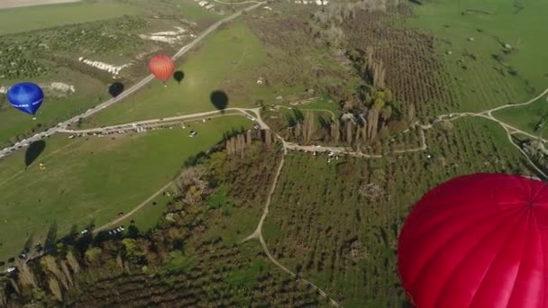 Vista panorámica aérea de globos de aire caliente vuelo sobre el paisaje natural verde de verano. Le dispararon. Explorando la belleza de la naturaleza sobre los campos. — Vídeos de Stock