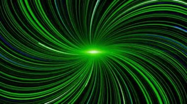 Titreşen kıvrımlı çizgileri olan spiral. Animasyon. Eğri çizgiler spiral şeklinde ışık saçar. Spiral çizgiler siyah arkaplan üzerindeki parlak merkezden titreşir