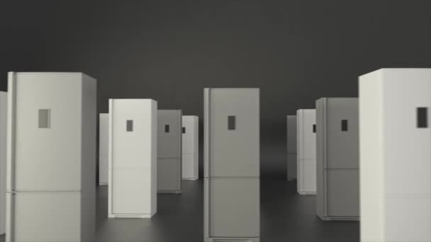 冷蔵庫の抽象行,モノクロ.アニメーション。キッチン機器やインテリアデザインのコンセプト、灰色の背景に隔離された白い冷蔵庫. — ストック動画