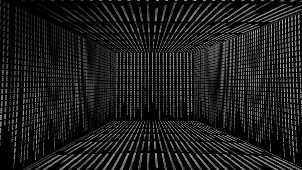 Абстрактний монохромний футуристичний фон з струнами, що утворюють коридор. Рух. Вузькі білі лінії або сегменти створюють тривимірний прямокутний простір і зникають на чорному тлі . — стокове фото