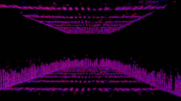 Futuristic ultraviolet fluorescent light tunnel changing shape and disappear on black background. Motion. Abstract pink disco corridor of narrow lines. — Stock Video