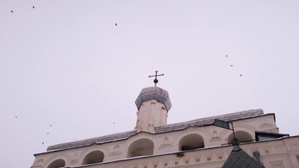 建筑和宗教古老的大教堂概念。由一群鸟儿在乌云密布的天空中飞着的教堂细节的最底层视图. — 图库视频影像