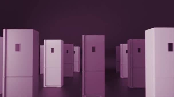 Modelos 3d abstratos de um refrigerador moderno com painel eletrônico girando sobre fundo preto roxo escuro. Animação. Layout 3D de equipamentos de cozinha, linhas de frigoríficos. — Vídeo de Stock