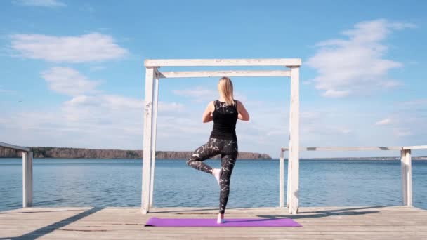Rückansicht einer Frau im Sportanzug, die Yoga auf einem Holzsteg in der Nähe des blauen Sees praktiziert. Konzept. Konzept der Entspannung und Körperpflege, Asana auf sommerblauem Himmelhintergrund. — Stockvideo