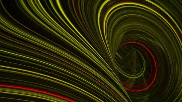 3D abstrakcyjne futurystyczne tło z cyfrowymi liniami płynącymi na czarnym tle. Animacja. Pokręcone błyszczące zielone i czerwone wąskie belki. — Wideo stockowe