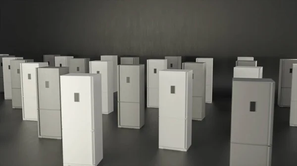一排排的冰箱，单色。动画。厨房设备和室内设计概念，白色冰箱，灰色背景隔离. — 图库照片