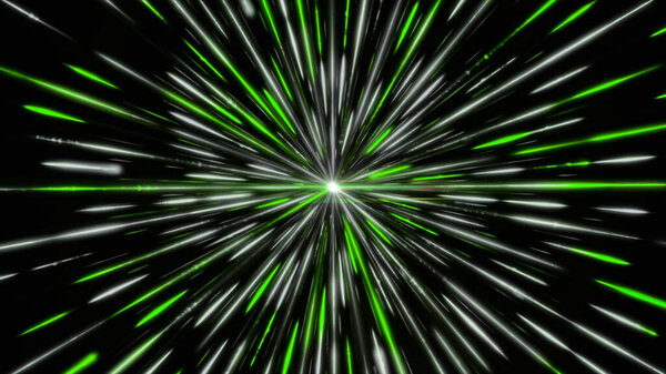 Spinning beautiful white and green glowing laser beams around the source of light. Animation. Outer space black hole absorbing space energy.