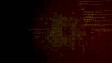 Dijital bilgisayar siber uzayının içinde hareket ediyor. Hareket. Veri kodu metni ve gelecekteki HUD ögeleri karanlık bir arkaplanda görünür.