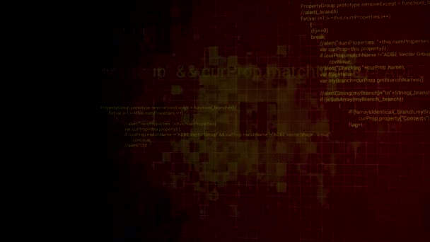 Moving inside the digital computer cyberspace. Motion. Programming data code text and futuristic HUD elements appear on a dark background. — Stock Video