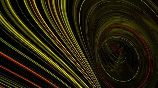 3D抽象的未来主义背景，数字线条在黑色背景上流动。动画。闪烁着绿光和红光的狭窄光束. — 图库照片