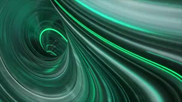 3D красочный изогнутый абстрактный туннель из зеленого и белого неоновых огней. Анимация. Вихревой фон в открытом космосе, концепция сингулярности. — стоковое видео