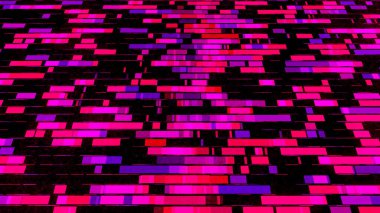 Siyah arkaplanda farklı boyutlara hareket eden farklı boyutlardaki dikdörtgenler. Animasyon. Veri akışını andıran renkli doğru satırları.