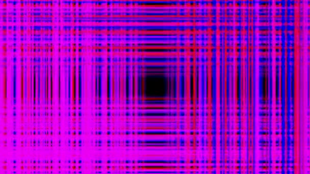 Colorful neon grid formed by narrow crossed lines on a black background, seamless loop. Animation. 3D moving tunnel with the square shaped black center. — Stock Video