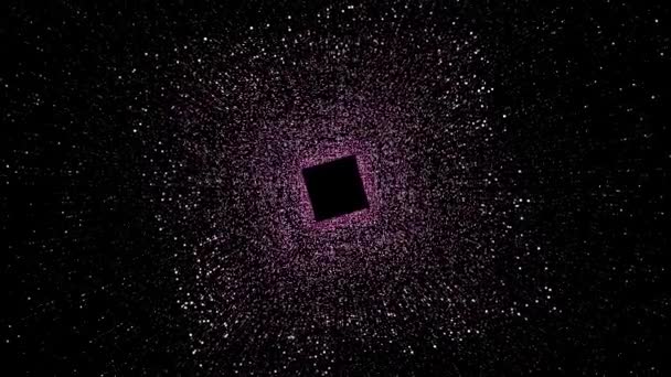 Abstrakcyjny tunel kosmiczny z kwadratem otoczonym milionami świecących cząstek. - Wniosek. Obrotowy czarny kwadrat otoczony pyłem kosmicznym. — Wideo stockowe